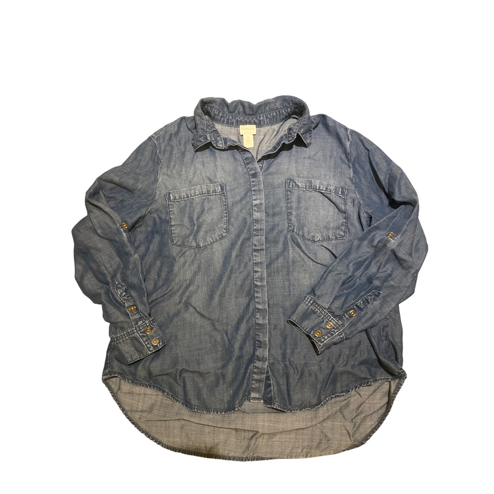 Chicos Women's Petite Size 2 Blue Denim Chambray Shirt Long Sleeve Roll‎ Tab